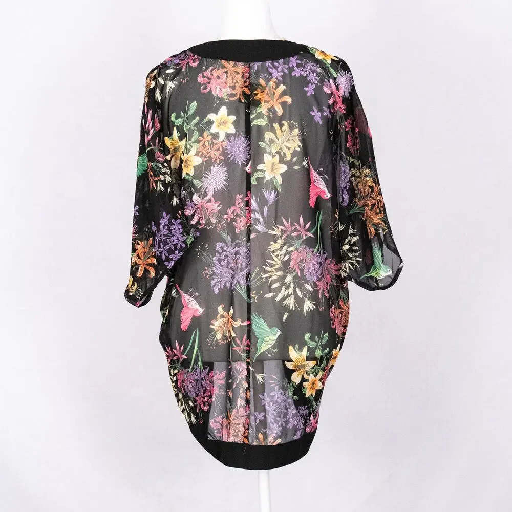 Sheer Floral Cover Up Kaftan Wrap Kimono Boho Cottage Floral Fairy Birds MEDIUM - Picture 4 of 6